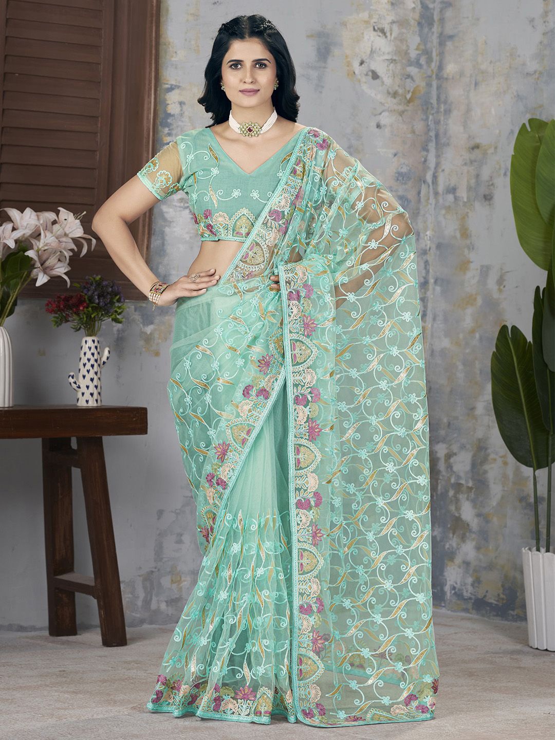 

Anouk Floral Embroidered Net Saree, Sea green