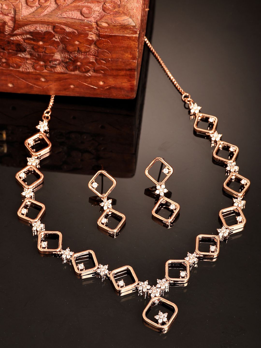 

ZENEME Rose Gold-Plated CZ Floral Contemporary Necklace With Earring Set