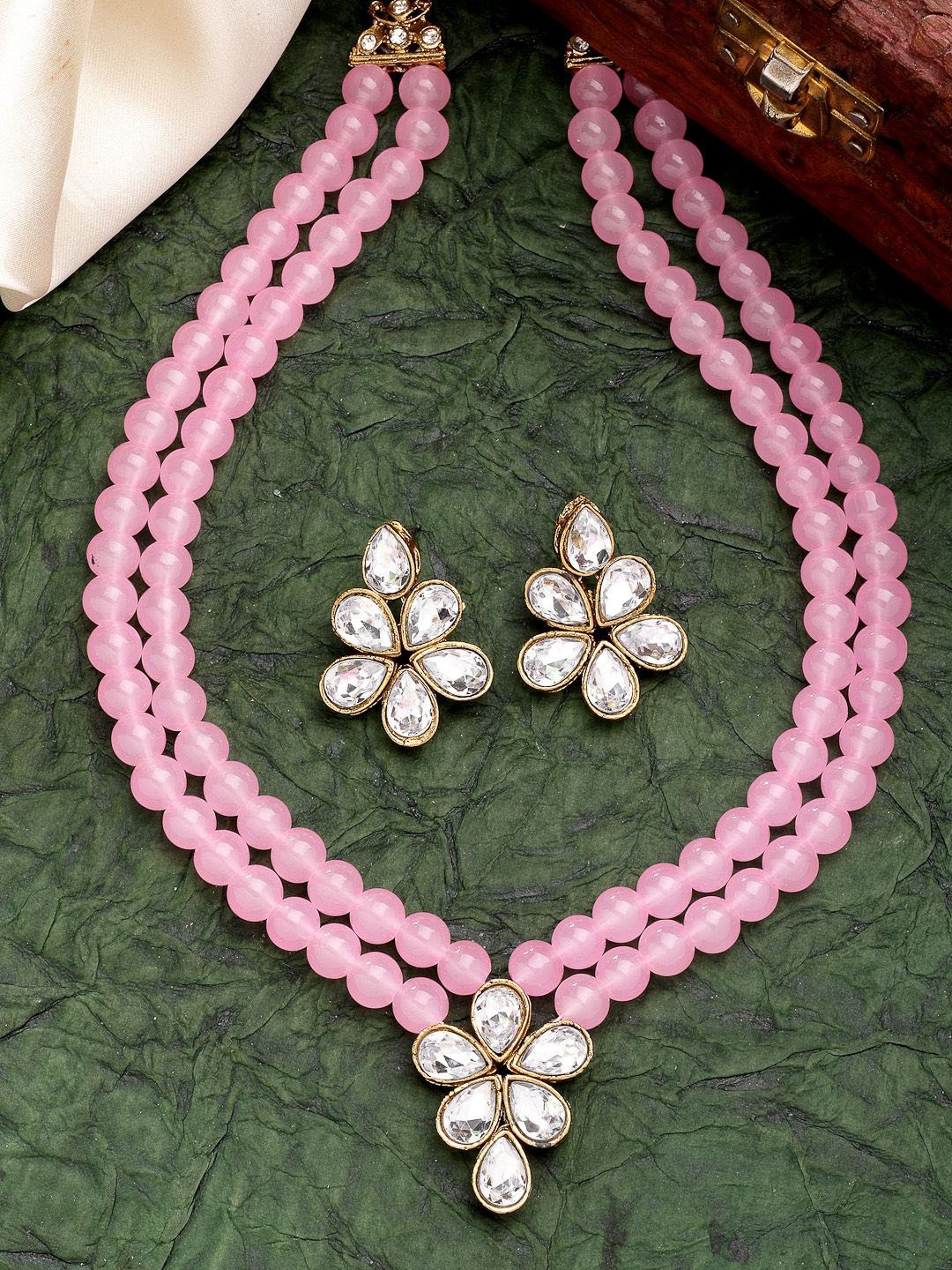 

ZENEME 18k Gold Plated Traditional Kundan & Pink Pearl Studded Necklace Jewellery Set