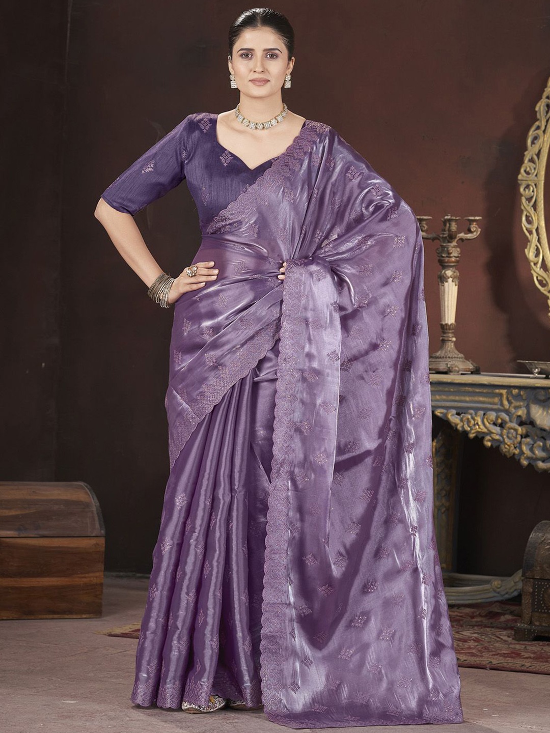 

Anouk Embellished Sequinned Organza Designer Saree, Lavender