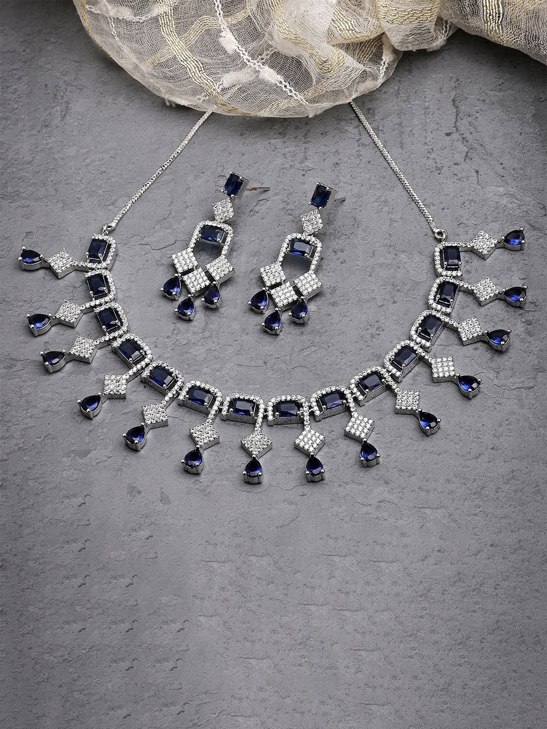 

ZENEME Rhodium-Plated Crystal Blue AD Necklace Set with Earrings, Silver