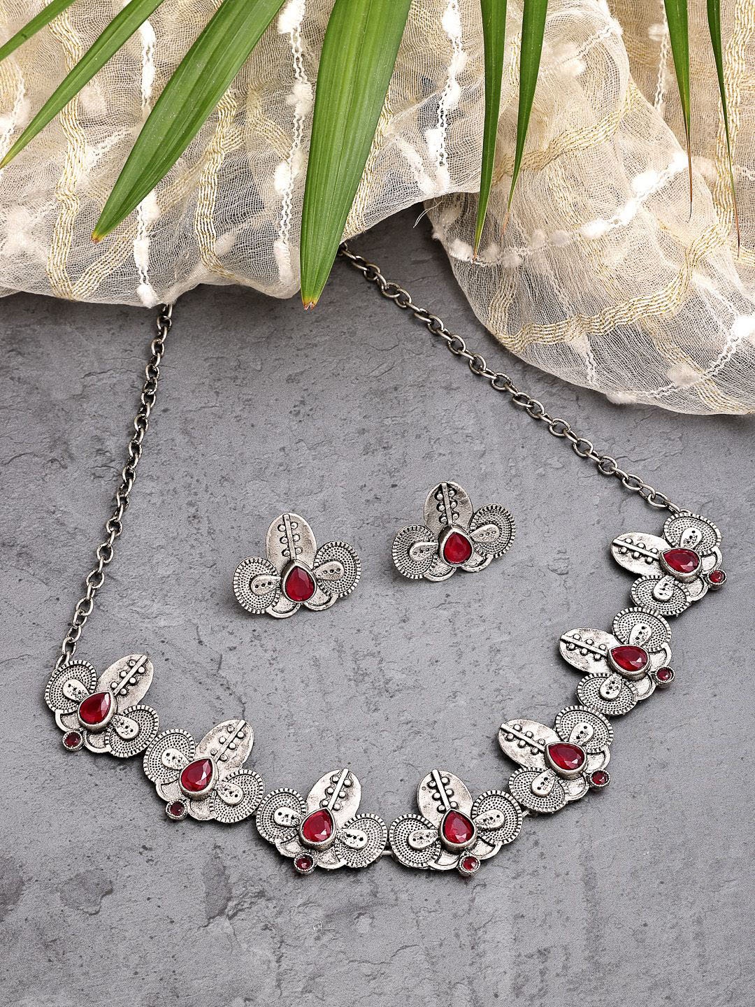 

ZENEME Oxidised Silver Red Traditional Threaded Choker Necklace Set