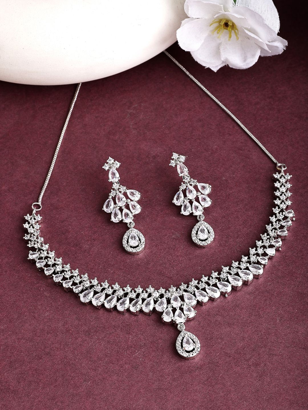 

ZENEME Rhodium-Plated Crystal AD Diamond Symphony Link Necklace with Earrings Set, Silver
