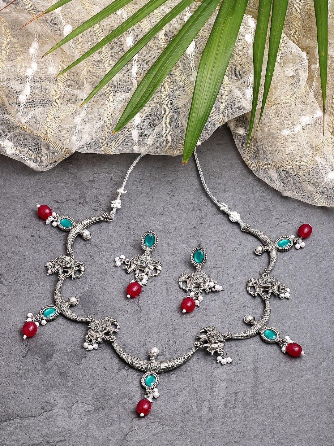 

ZENEME Stylish Traditional Oxidised Silver Royal Ocean Green Necklace & Earring Set