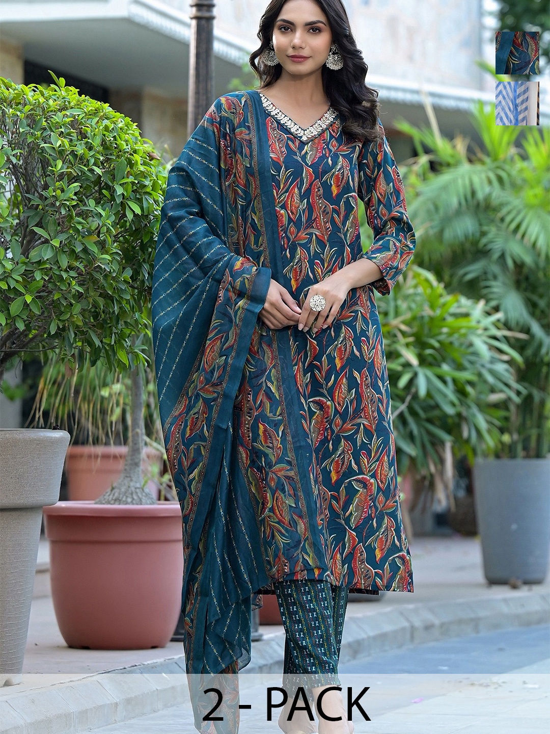 

KALINI Pack of 2 Floral Printed V-Neck Straight Kurta With Trousers And Dupatta, Navy blue