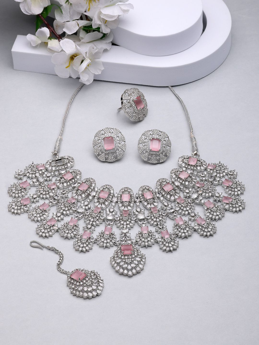 

ZENEME Rhodium-Plated American Diamond Necklace Set With Earrings Ring & Maang Tikka, Silver
