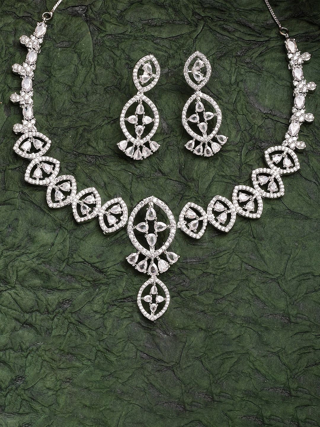 

ZENEME Rhodium-Plated Crystal Studded American Diamond Necklace With Earring Set, Silver