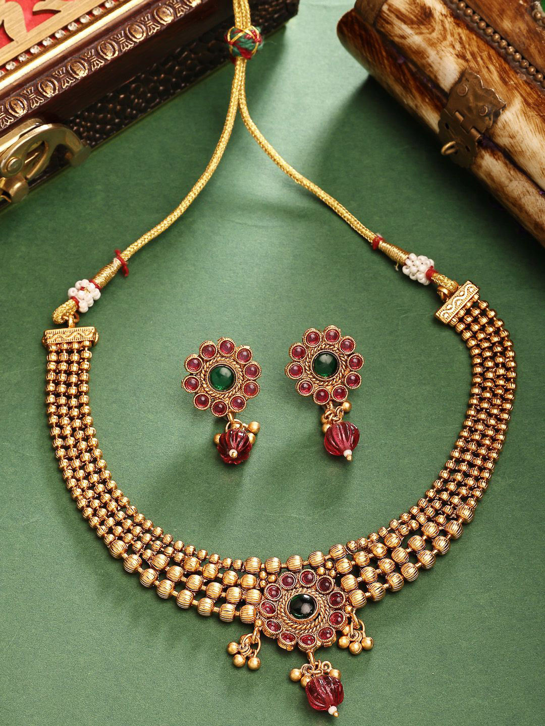

ZENEME 24K Gold-Plated Traditional South Indian Stylish Earring & Necklace