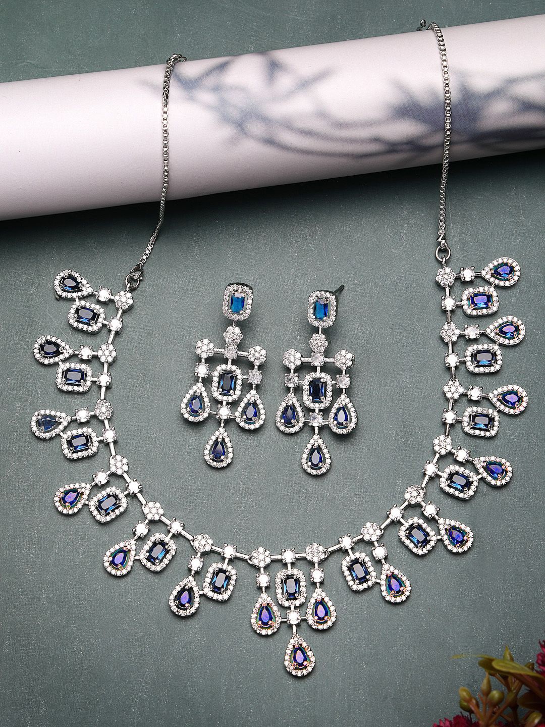 

ZENEME Rhodium-Plated Blue Square Shaped American Diamond Necklace with Earring Set, Silver