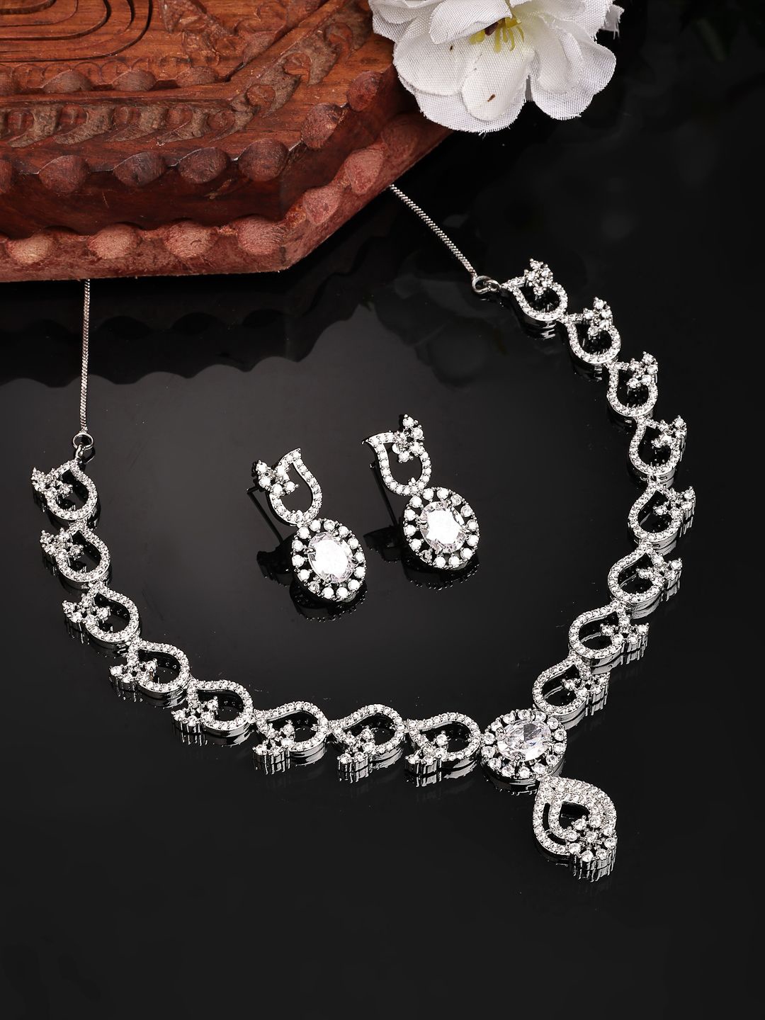 

ZENEME Rhodium-Plated Luxury Crystal AD Diamond Silver Earrings Necklace Set