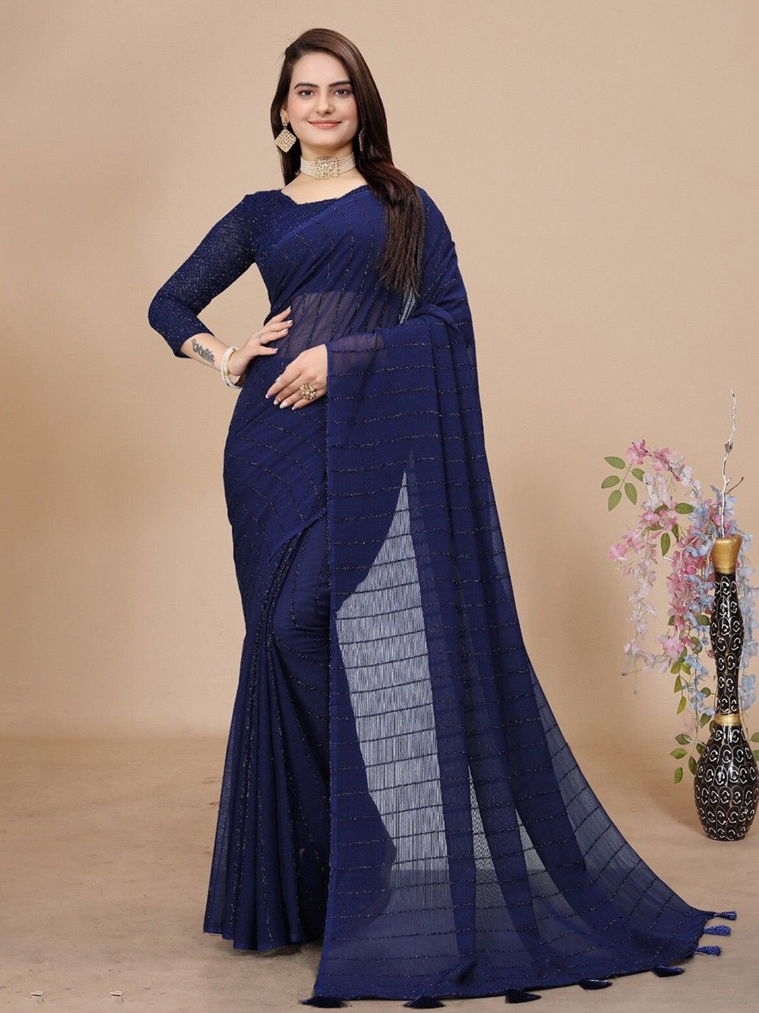 

JULEE Striped Pure Chiffon Saree, Blue