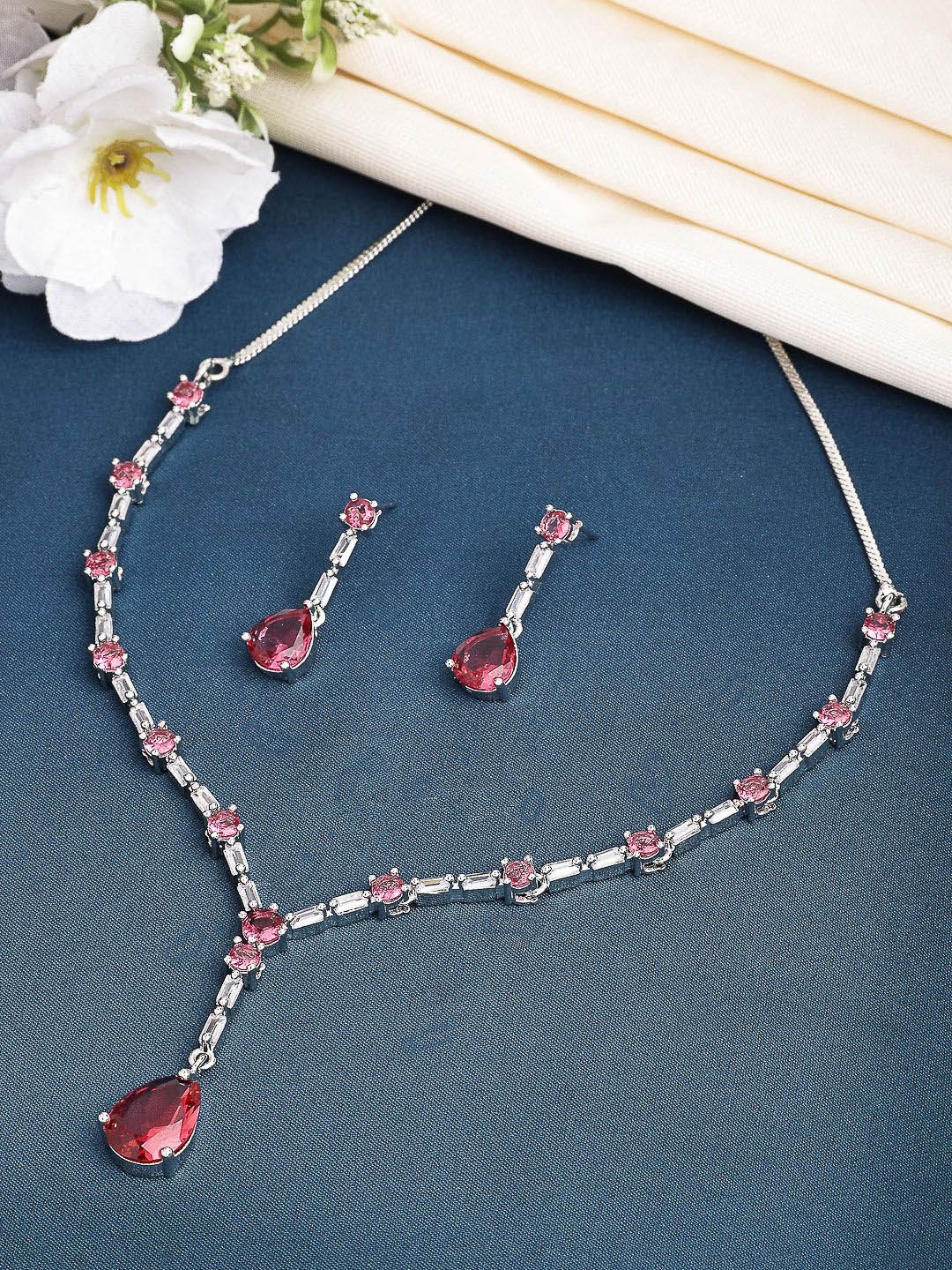 

ZENEME Luxury American Diamond Red Crytal Sleek Rhodium Plated Necklace & Earring Set, Silver