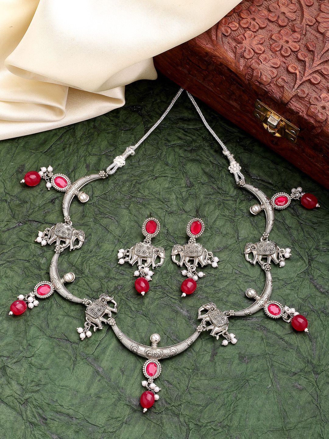 

ZENEME Stylish Traditional Oxidised Silver Royal Red Necklace & Earring Set