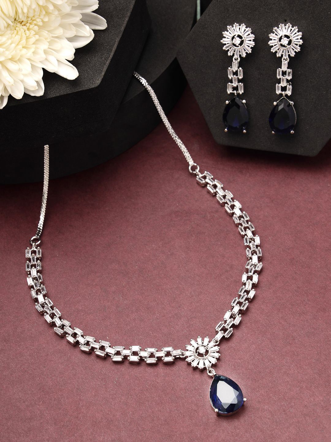 

ZENEME Rhodium-Plated Luxurious Sparkle Blue Necklace & Earring Jewellery Set, Silver