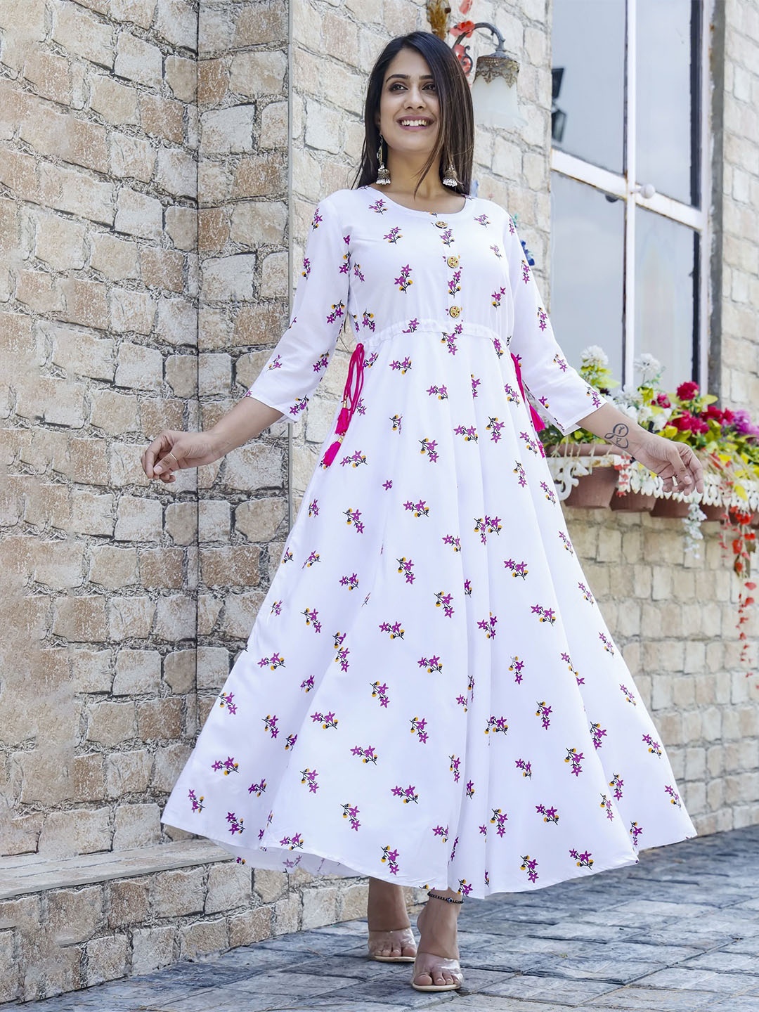 

GREYSHADE Floral Printed Waist Tie-Ups Maxi Ethnic Dresses, White