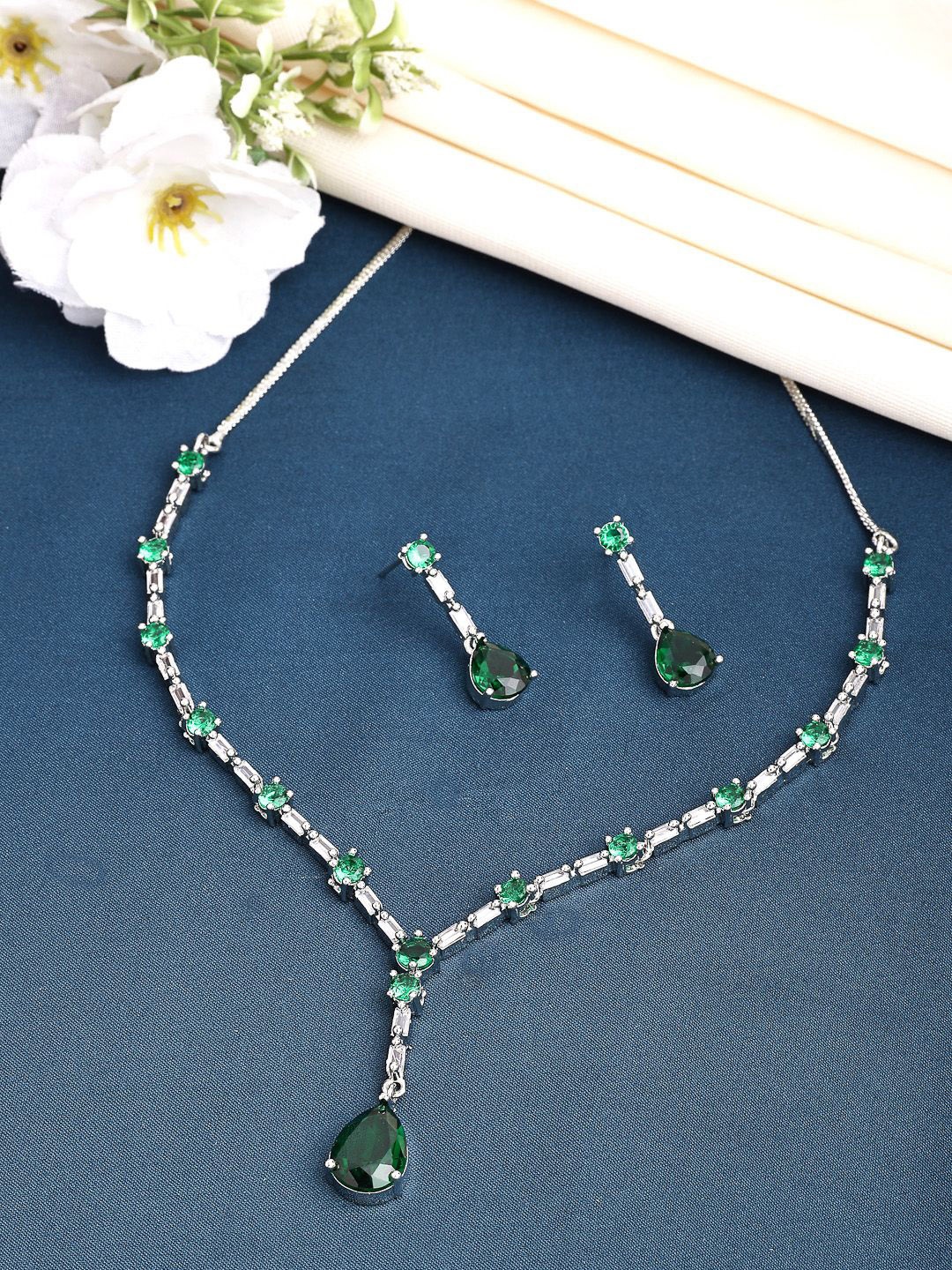 

ZENEME Luxury American Diamond Green Crytal Sleek Rhodium Plated Necklace & Earring Set, Silver