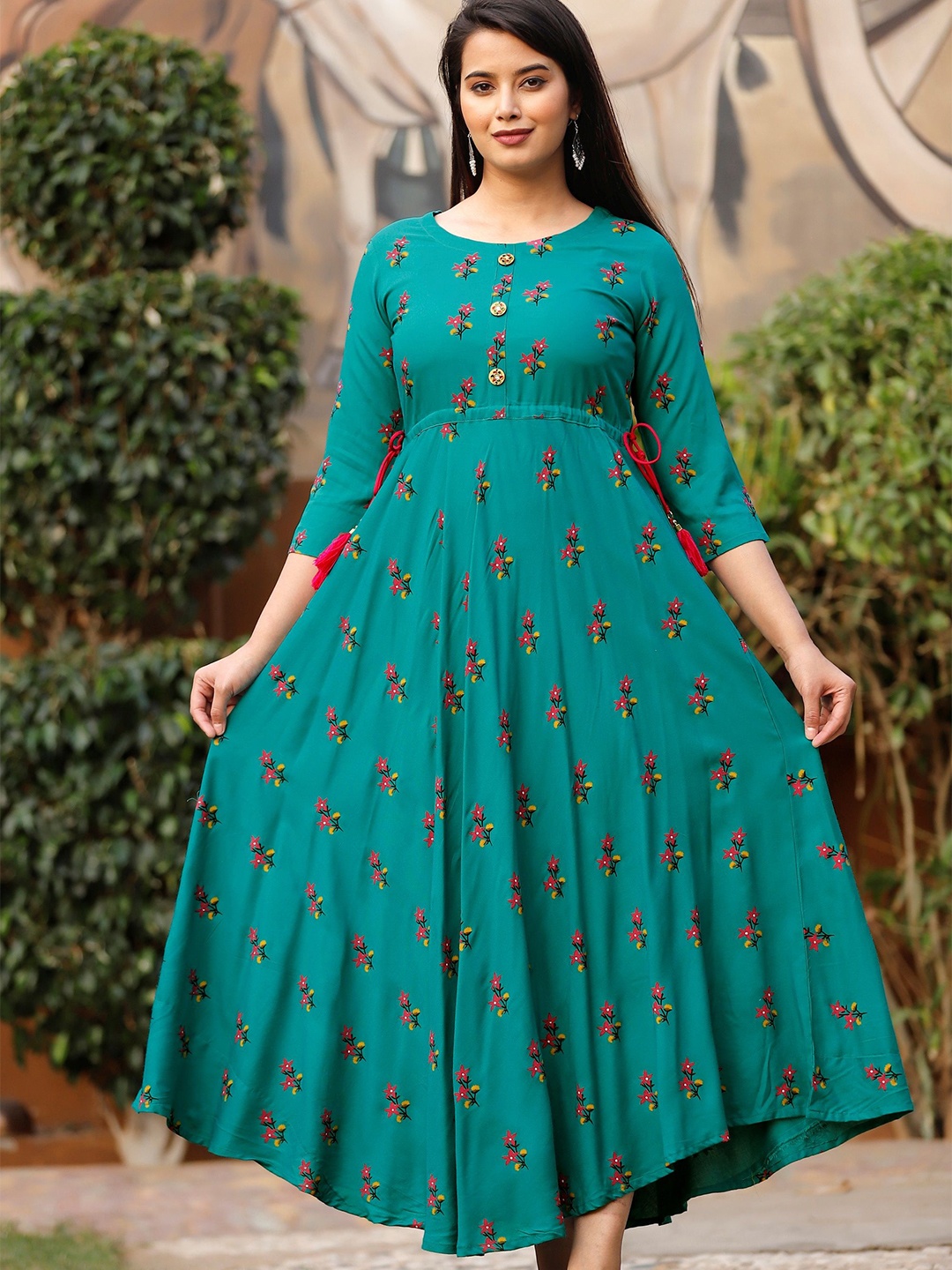 

GREYSHADE Floral Printed Waist Tie-Ups Maxi Ethnic Dresses, Green