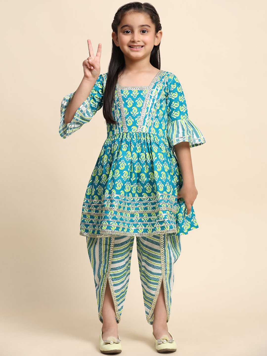 

BAESD Girls Paisley Printed Square Neck Pure Cotton Anarkali Kurta With Dhoti Pants, Green