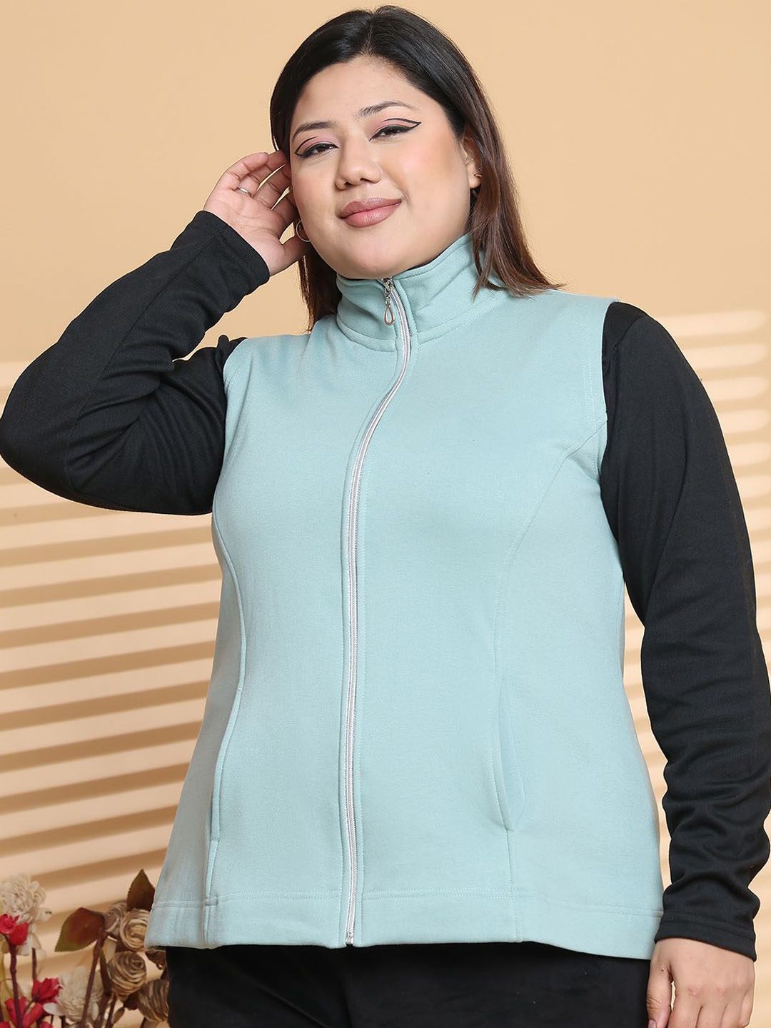 

theRebelinme Women Mock Collar Solid Fleece Casual Bomber Jacket, Sea green