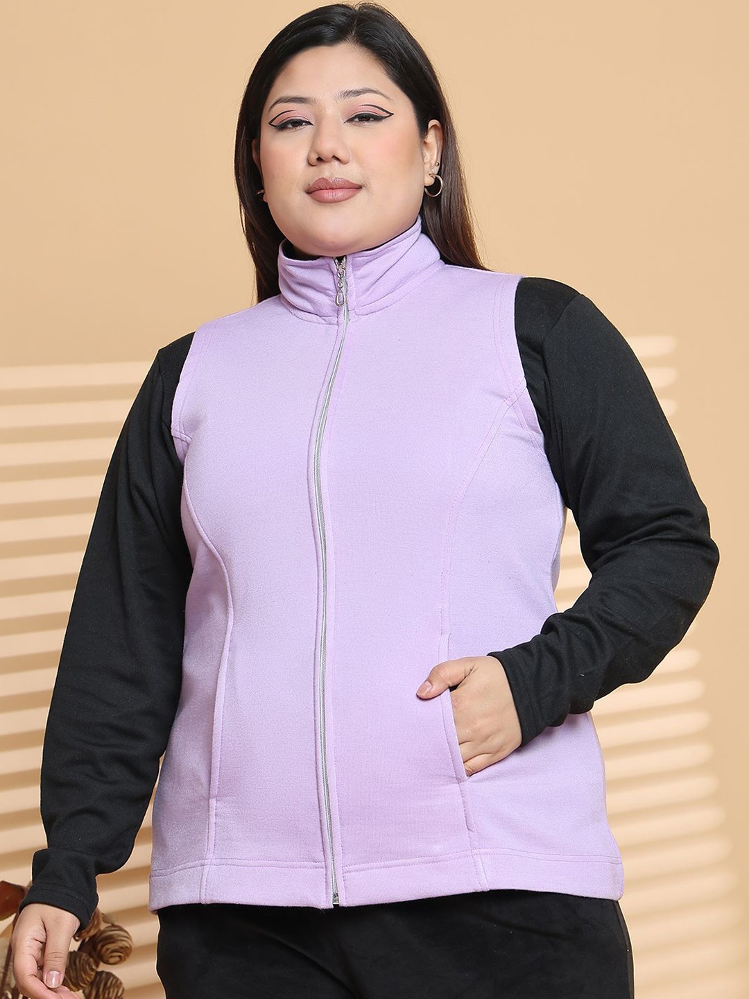 

theRebelinme Women Plus Size Mock Collar Solid Fleece Casual Gilet Jacket, Lavender