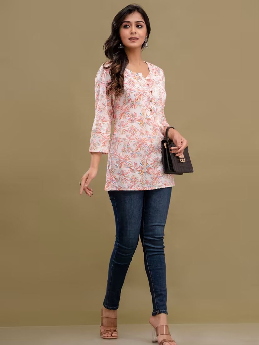 

LIVING ROOTS Floral Printed Pure Cotton Kurti, Pink