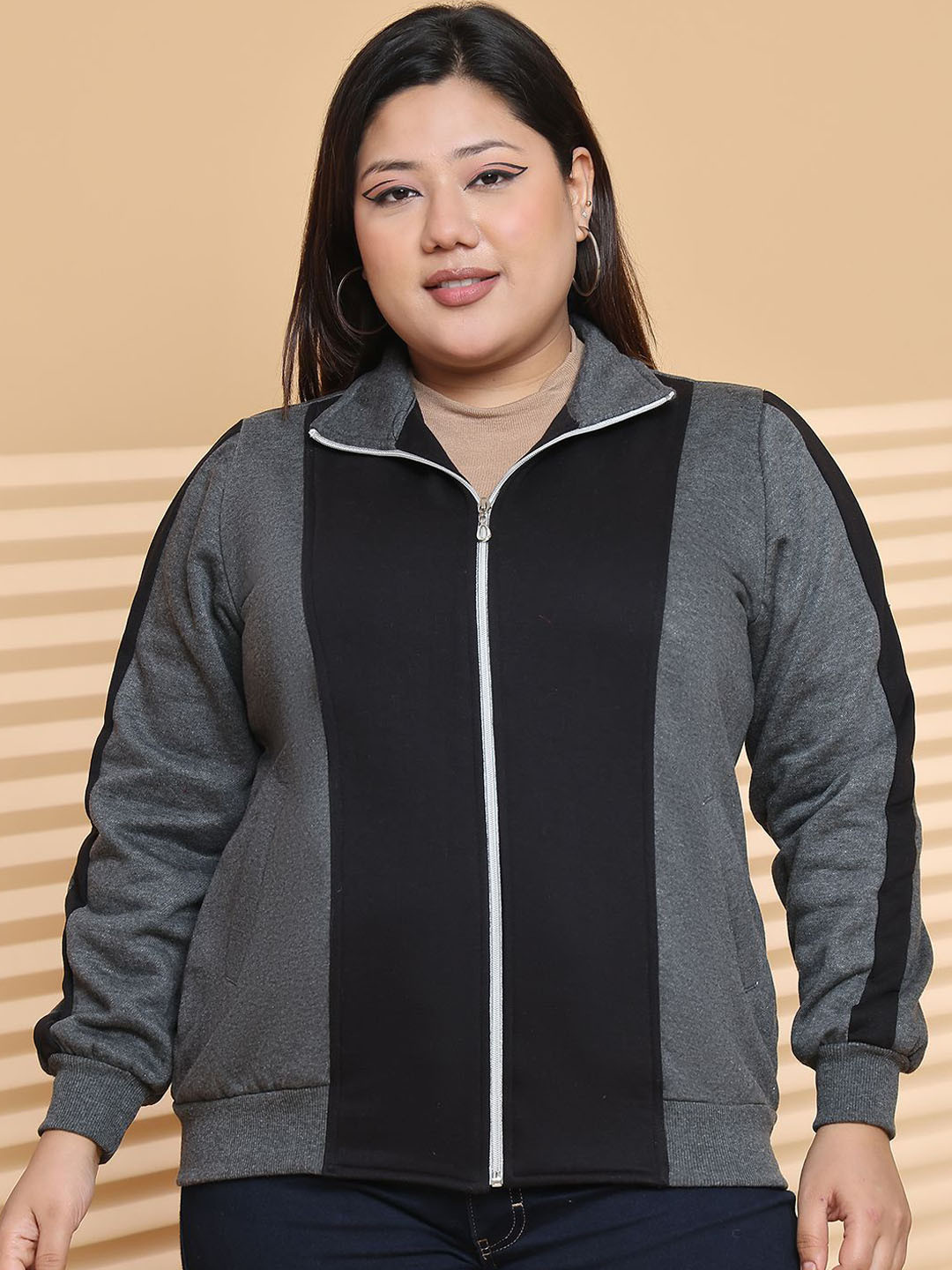 

theRebelinme Women Mock Collar Colourblocked Fleece Casual Bomber Jacket, Grey