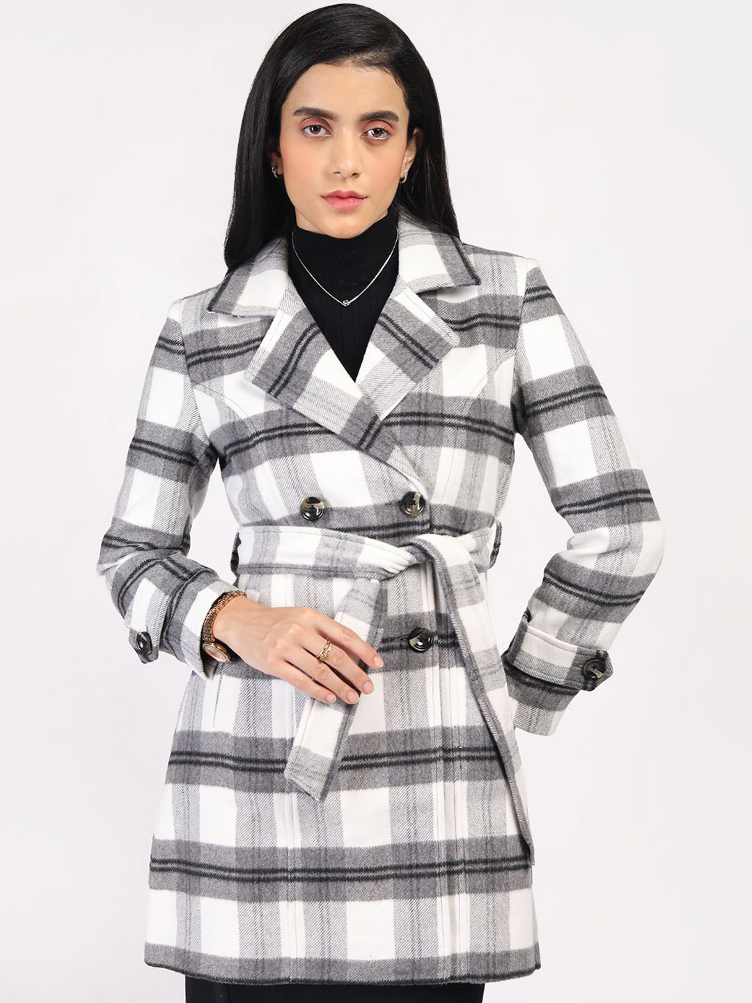 

The Roadster Lifestyle Co Women Checked Regular Fit Long Sleeve Double Breasted Pea Coat, Black