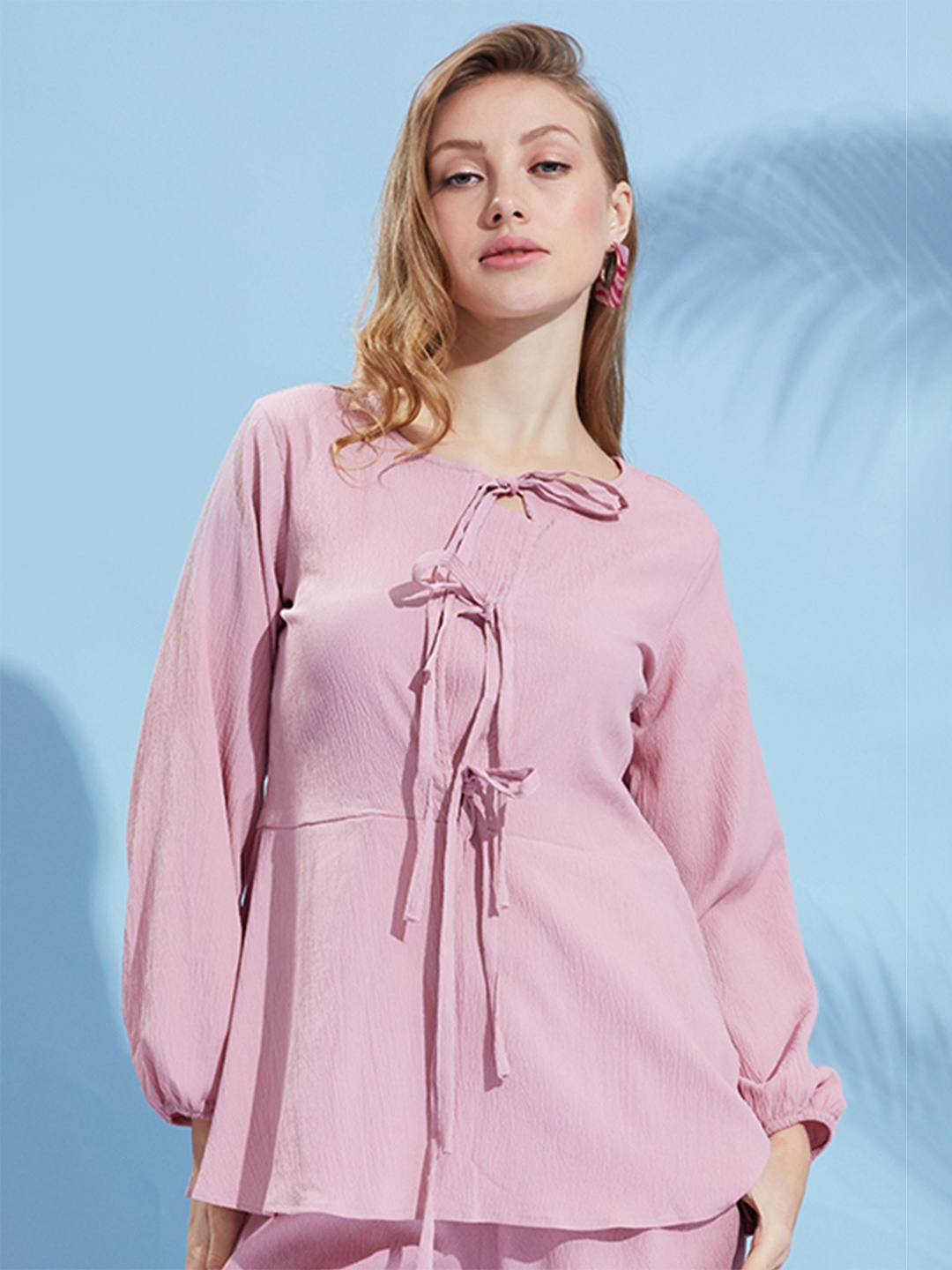 

DressBerry Tie-Up Neck Peplum Top, Pink