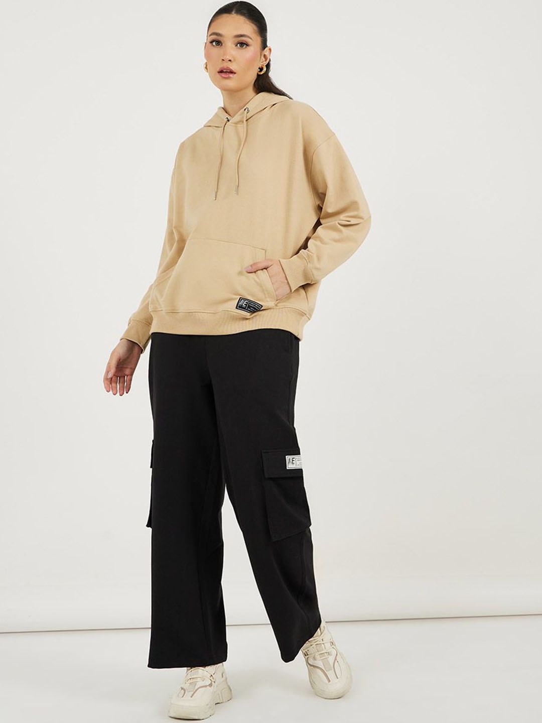 

Styli Women Oversized Hoodie with Badge Detail & Cargo Trousers Co-Ords, Beige