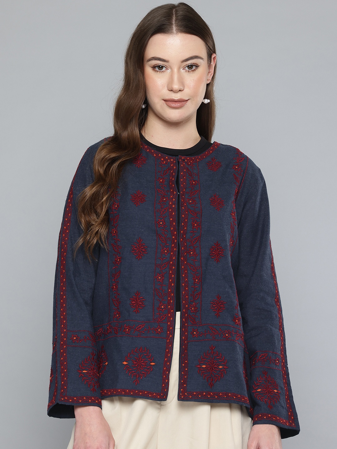 

SCOUP Floral Tailored Linen Jacket with Embroidered, Navy blue