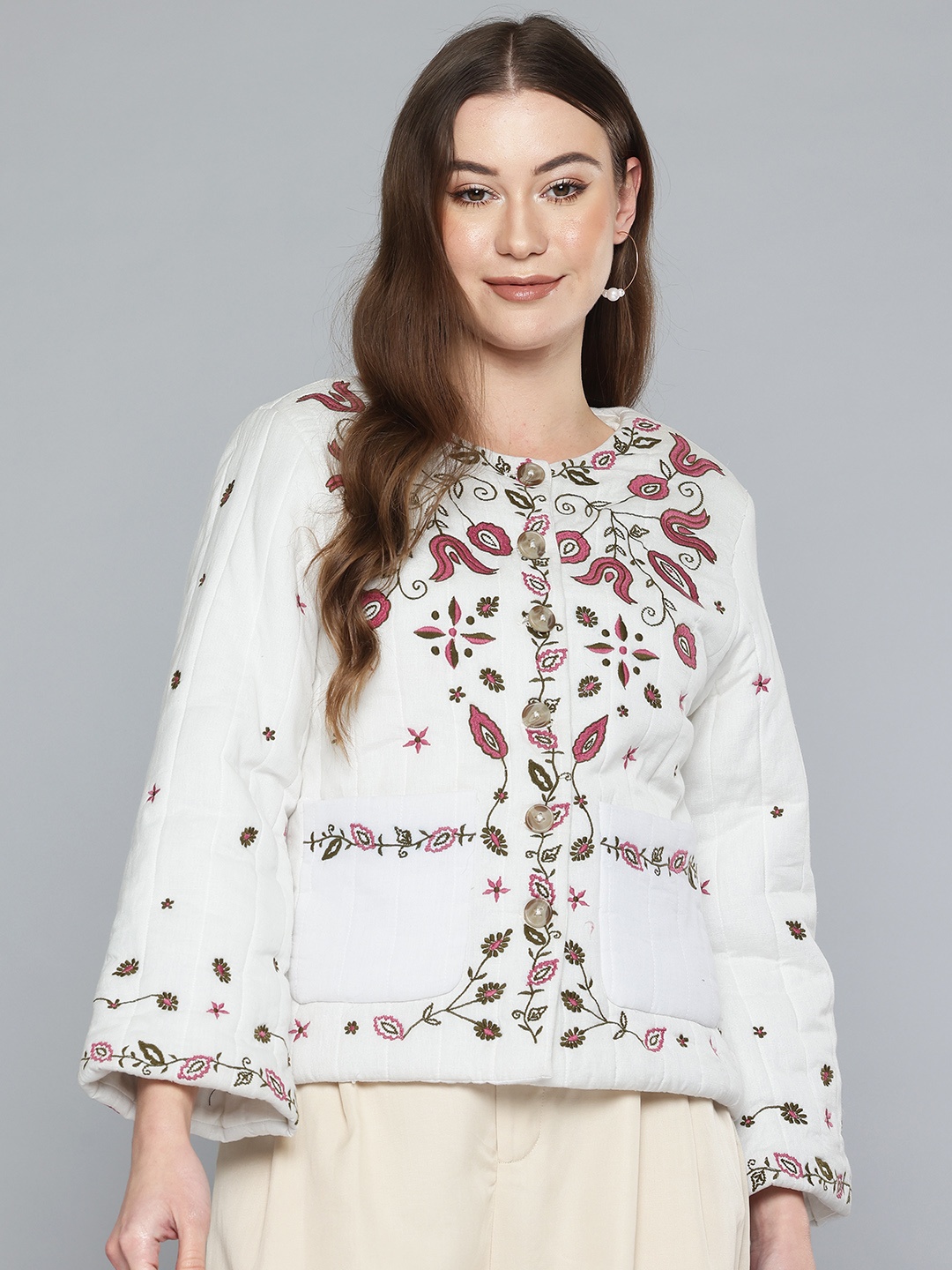 

SCOUP Floral Tailored Linen Jacket with Embroidered Detail, White