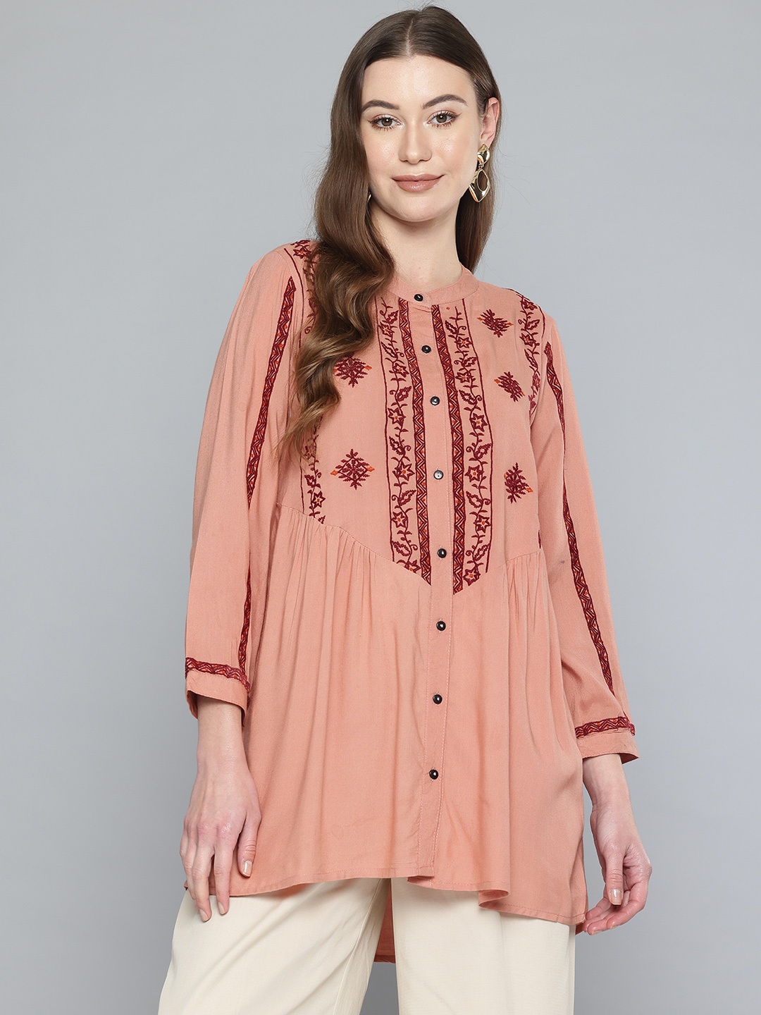 

SCOUP Mandarin Collar Embroidered Tunic, Pink