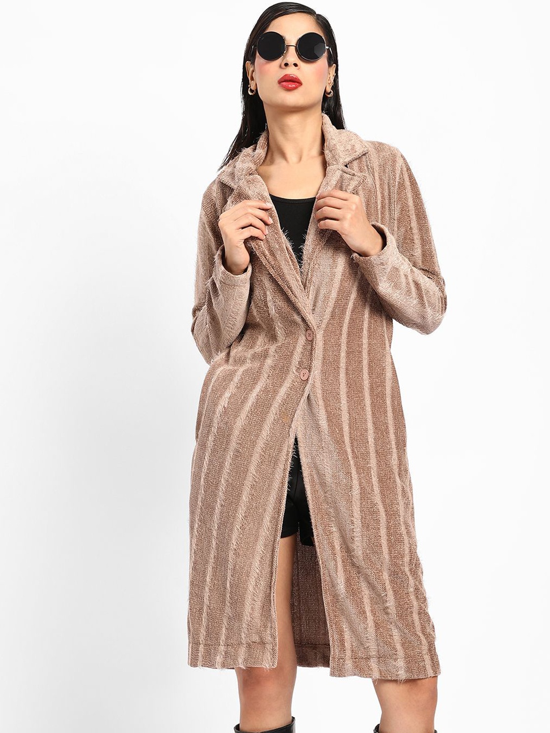 

Campus Sutra Women Striped Notched Lapel Long Overcoat, Brown