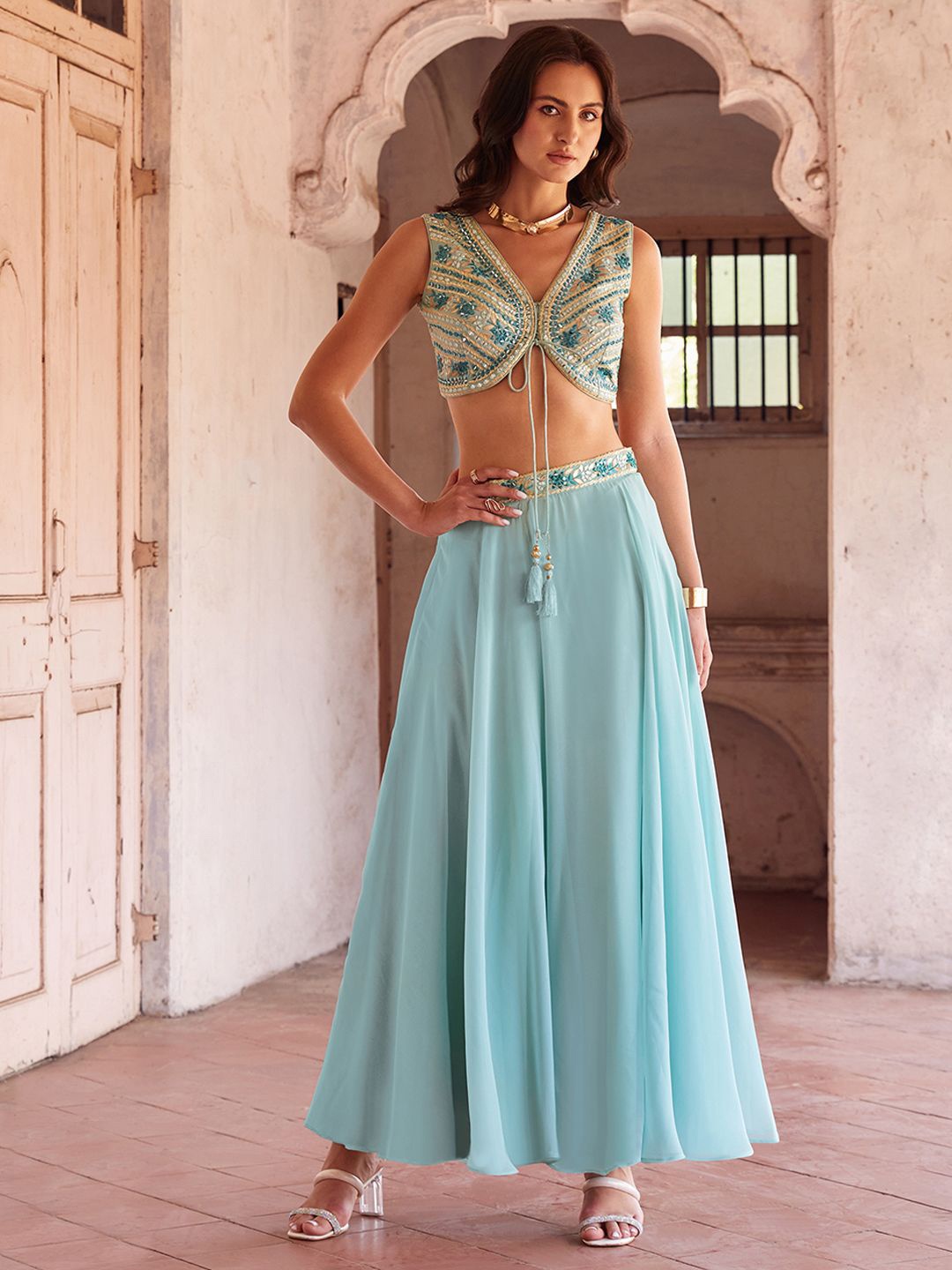 

ALIZEH Mirror Embroidered Ready To Wear Georgette Lehenga & Blouse With Dupatta, Turquoise blue