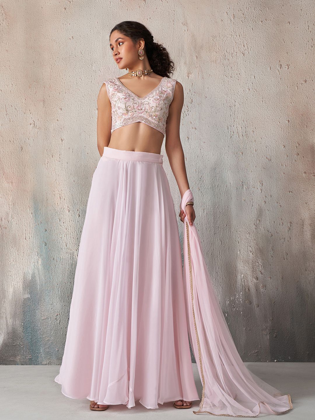 

ALIZEH Khatli Work Blouse With Georgette Lehenga & Soft Net Dupatta, Pink