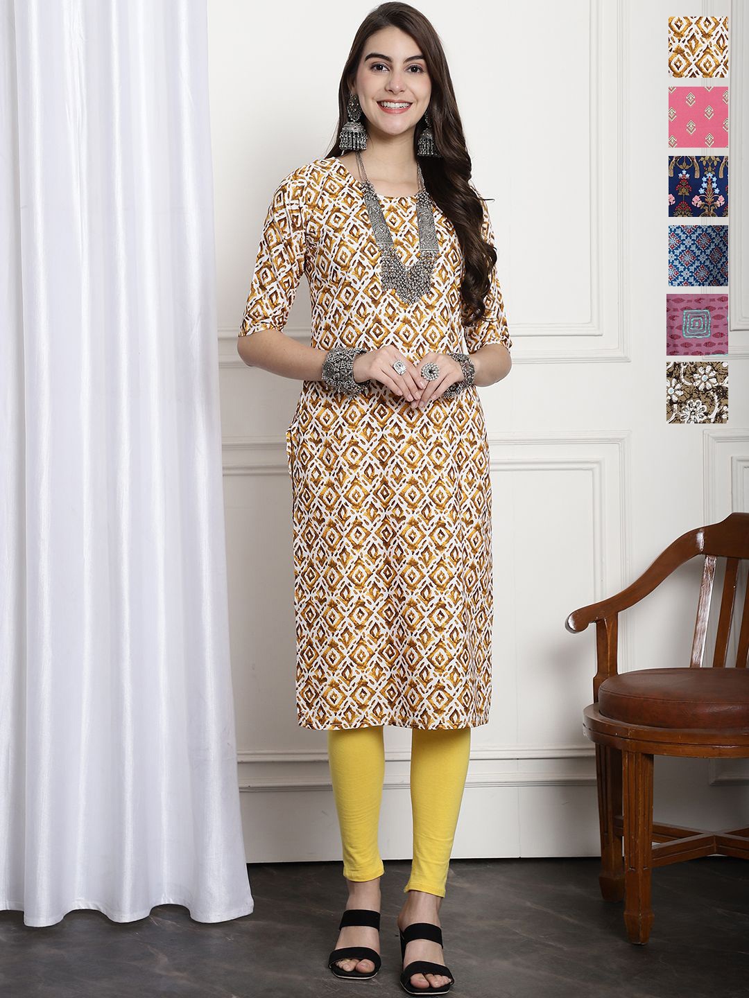 

7Threads Selection Of 6 Ethnic Motifs Printed Round Neck Straight Kurta, Purple