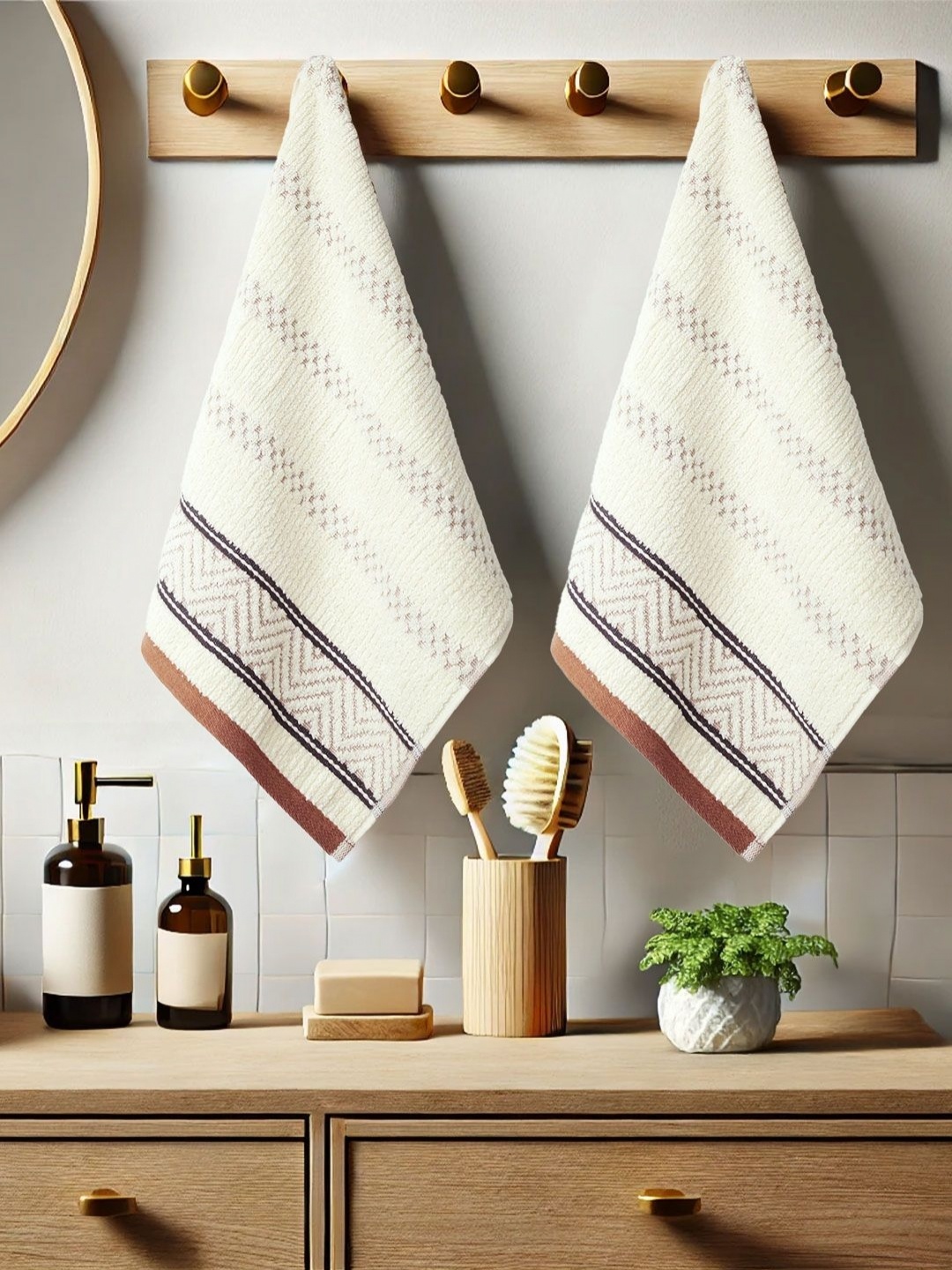 

MYTRIDENT ZEN Beige & Brown 2 Pieces Striped Pure Cotton 600 GSM Hand Towels