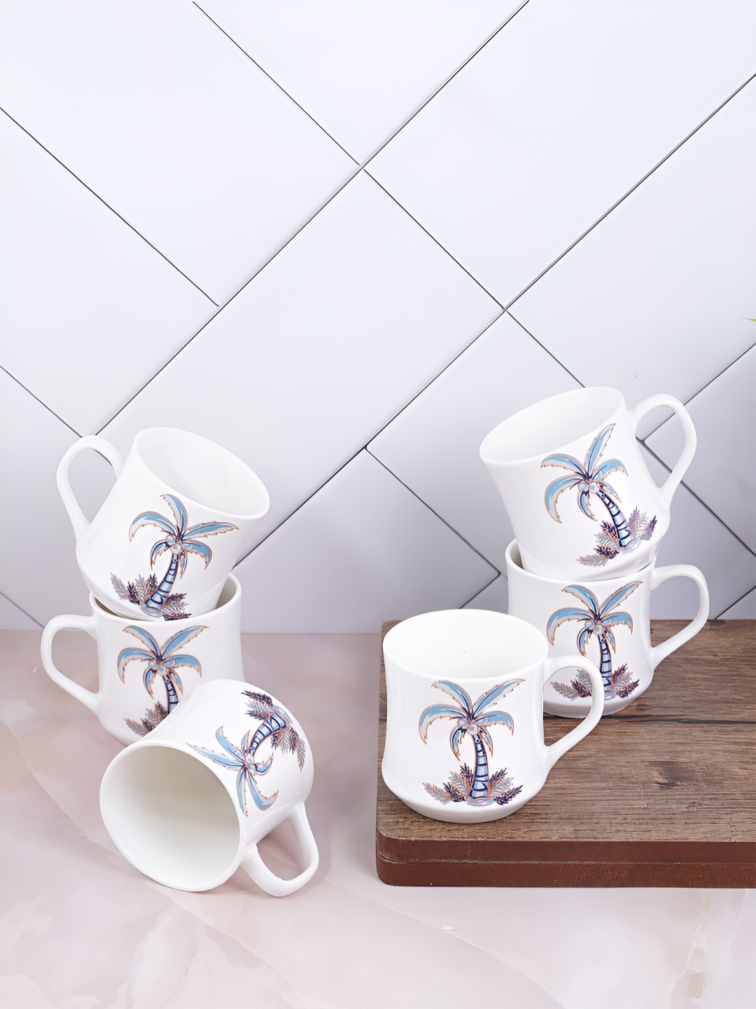 

UPC White & Blue 6 Pieces Tree Printed Ceramic Glossy Cups