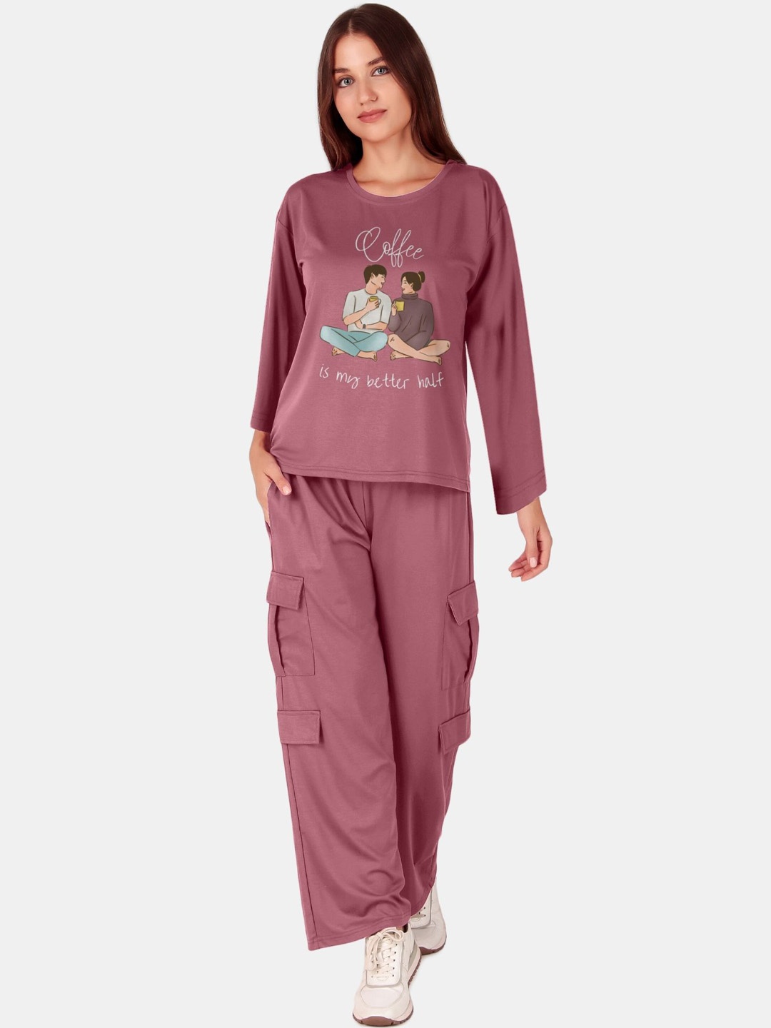 

Fasense Women Printed T-Shirt With Trouser Co-Ords, Pink