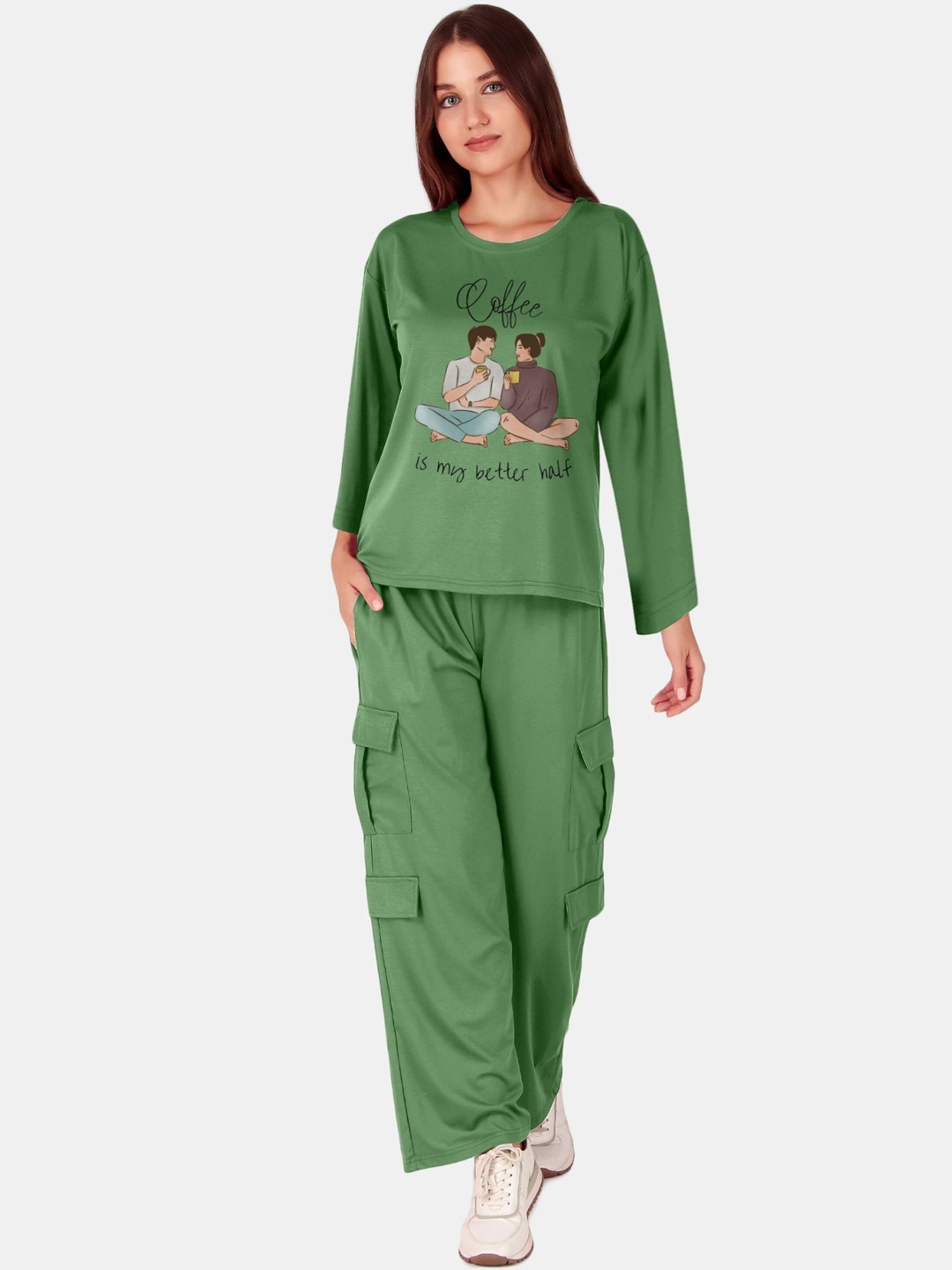 

Fasense Women Printed T-Shirt With Trouser Co-Ords, Green