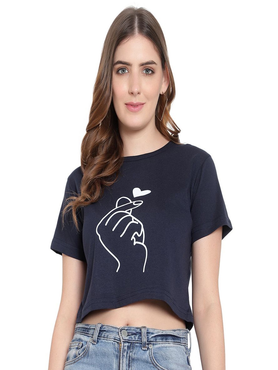 

DEEPMAYRA COLLECTION Women Graphic Printed Round Neck Cotton T-shirt, Navy blue