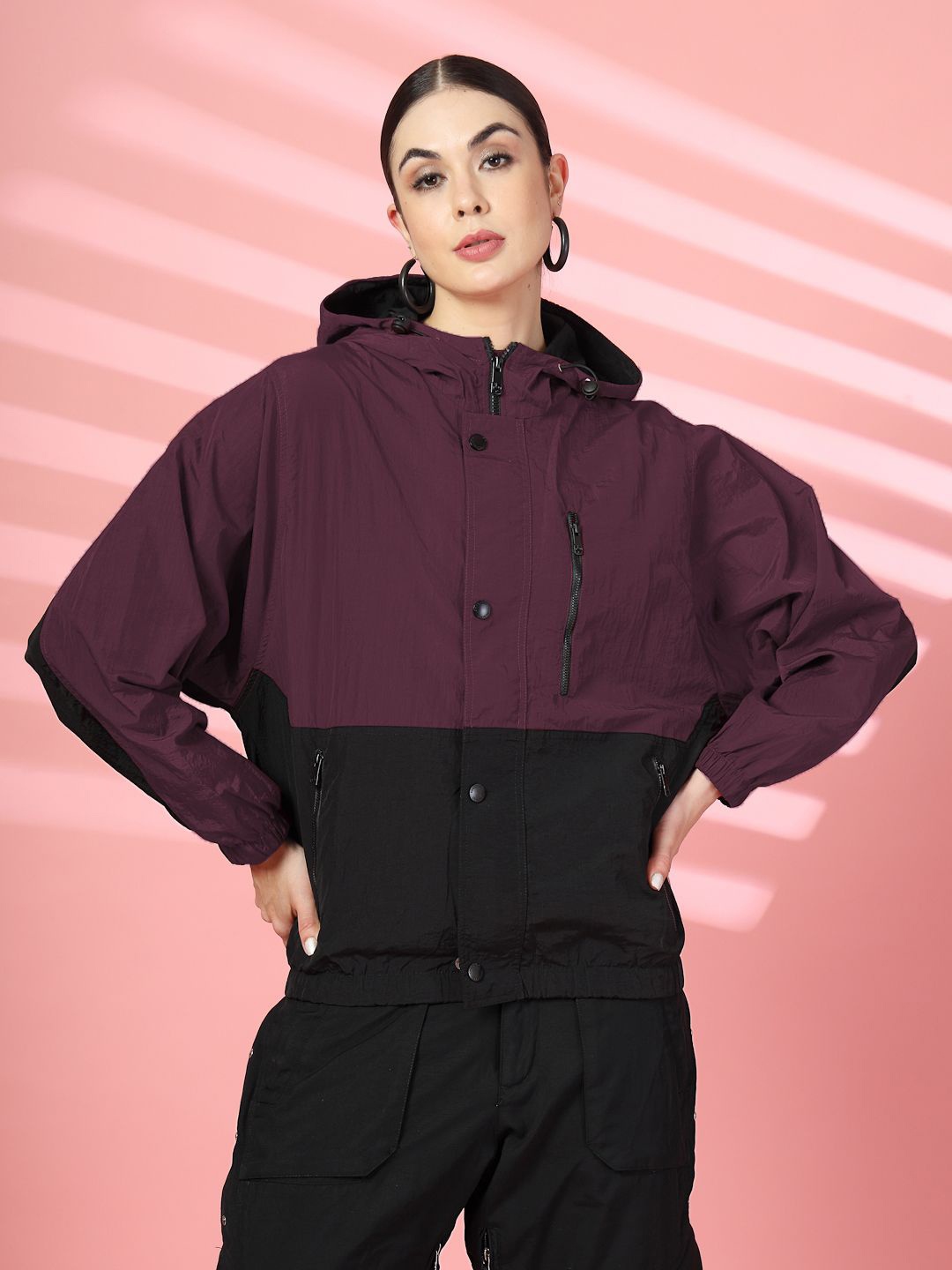 

CHKOKKO Women Hooded Colourblocked Casual Bomber Jacket, Maroon