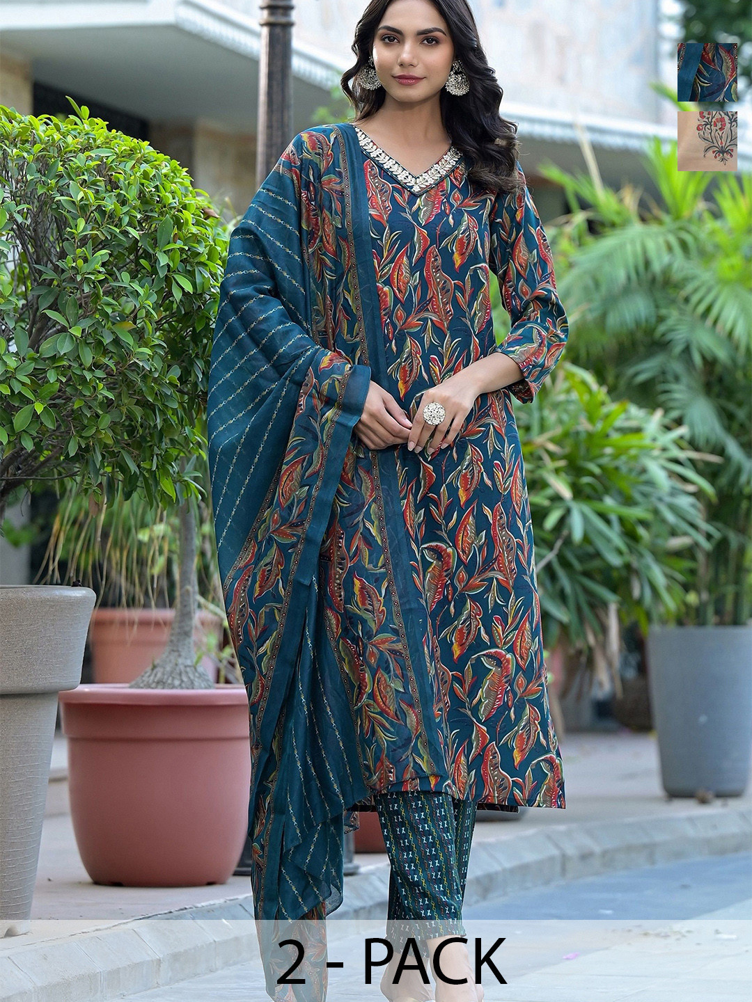 

KALINI Selection Of 2 Floral Printed V-Neck Kurtas With Trousers & Dupattas, White