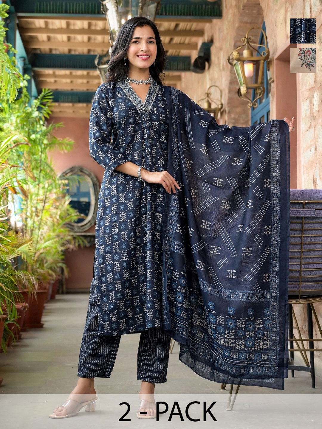 

KALINI Selection of 2 Floral Printed V-Neck Straight Kurta With Trousers And Dupatta, Navy blue