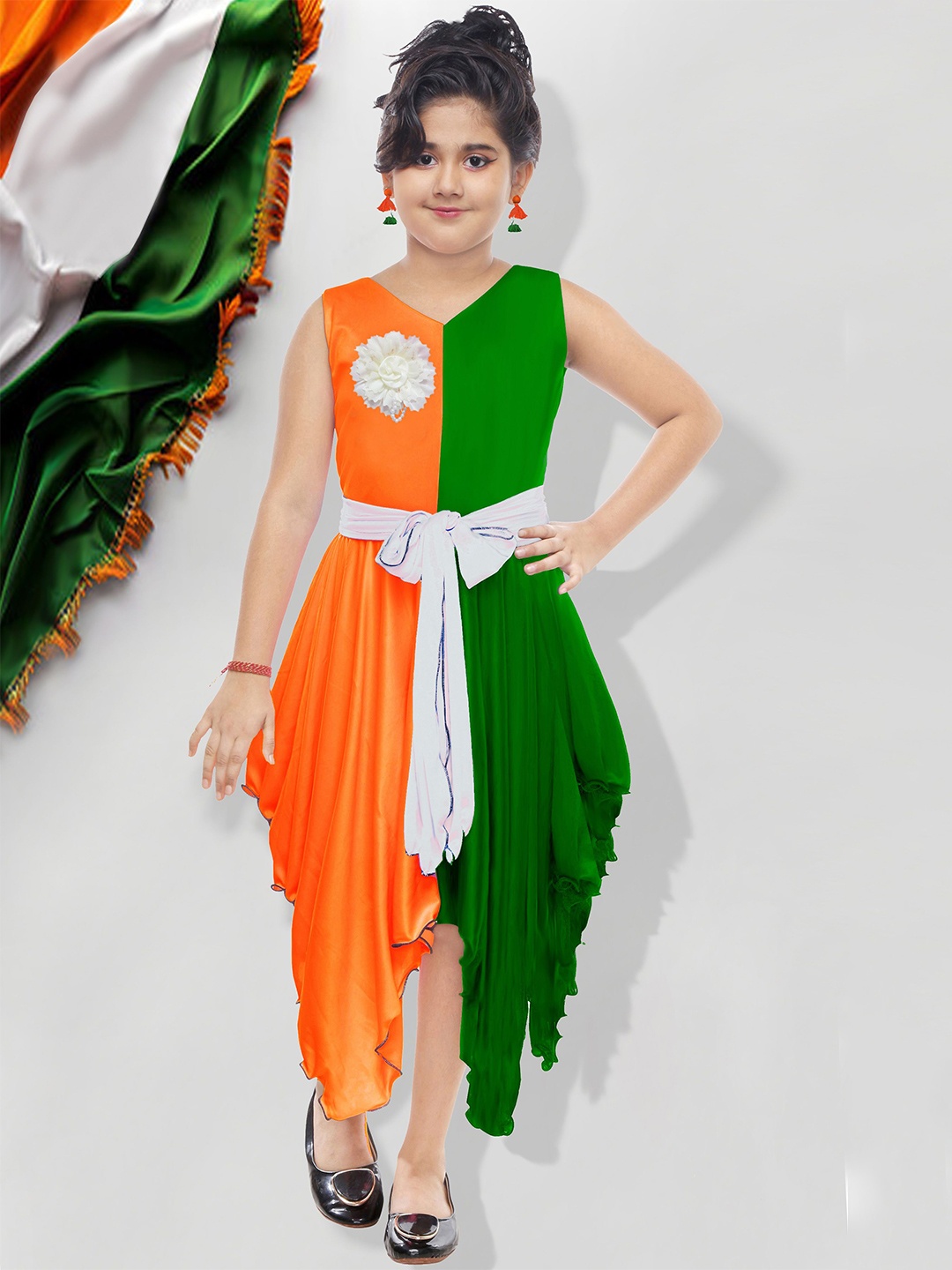

KAARIGARI Girls Colourblocked Fit & Flare Dress, Orange