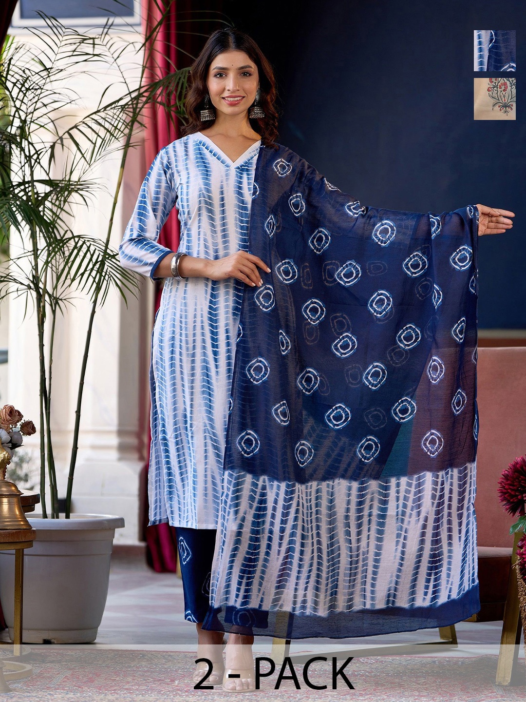 

KALINI Selection of 2 Shibori Dye Printed V-Neck Straight Kurta With Trousers And Dupatta, White