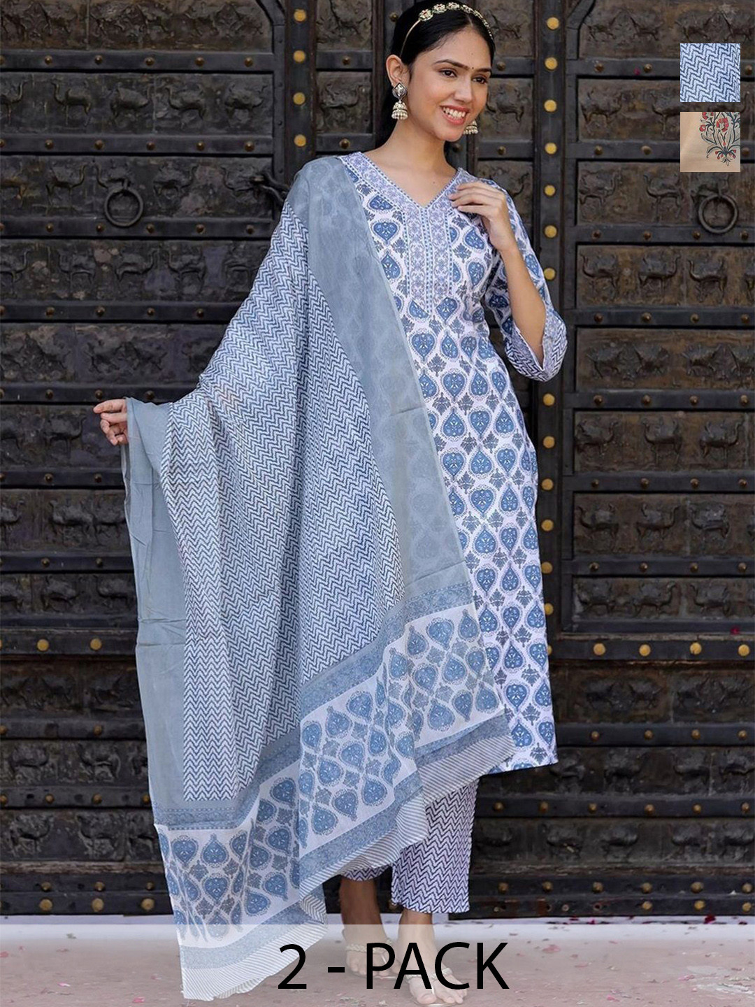 

KALINI Selection of 2 Ethnic Motif V-Neck Straight Kurta With Trousers And Dupatta, Blue