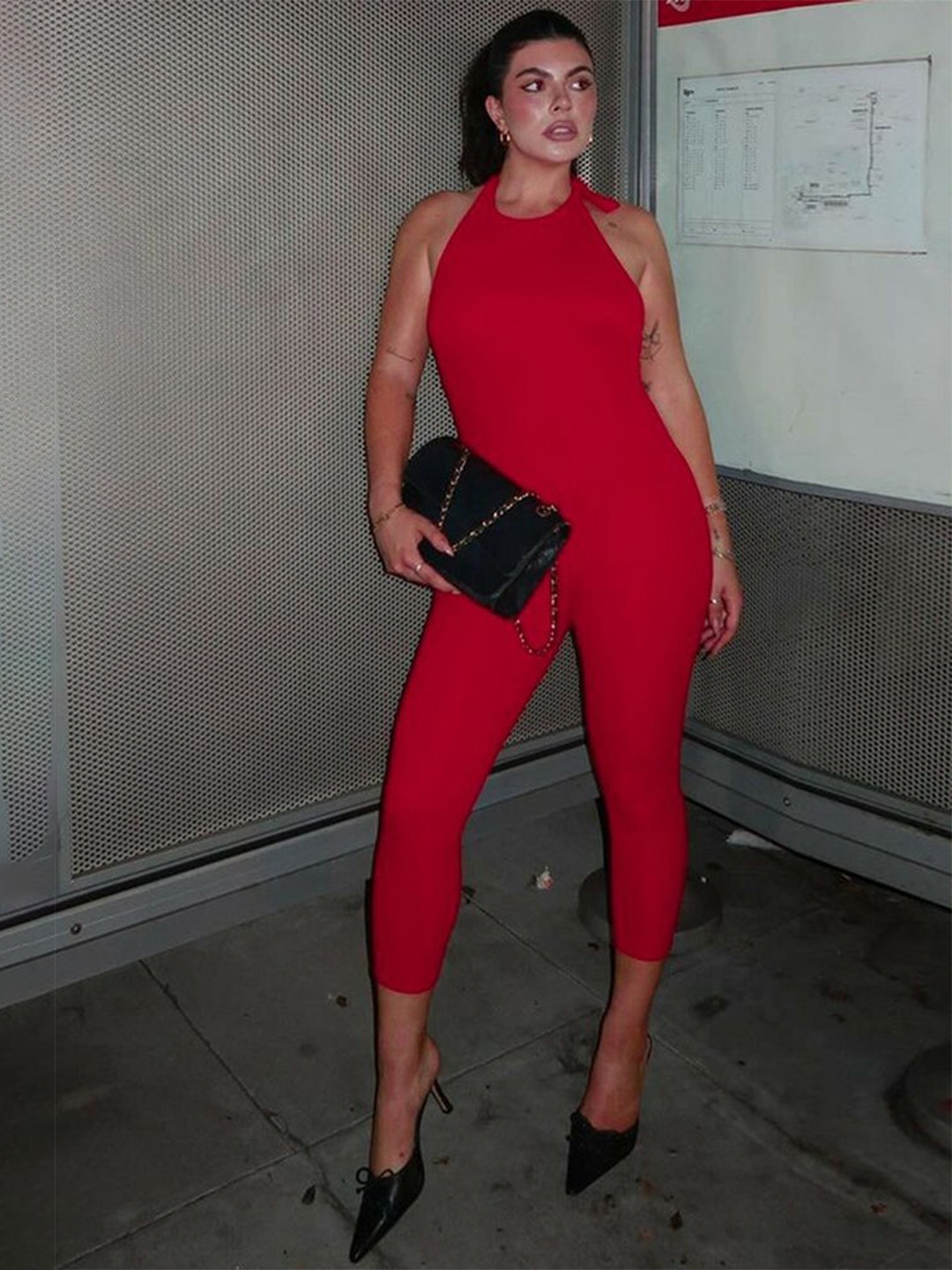 

LULU & SKY Women Tie-up Halter Neck Fitted Basic Jumpsuit, Red
