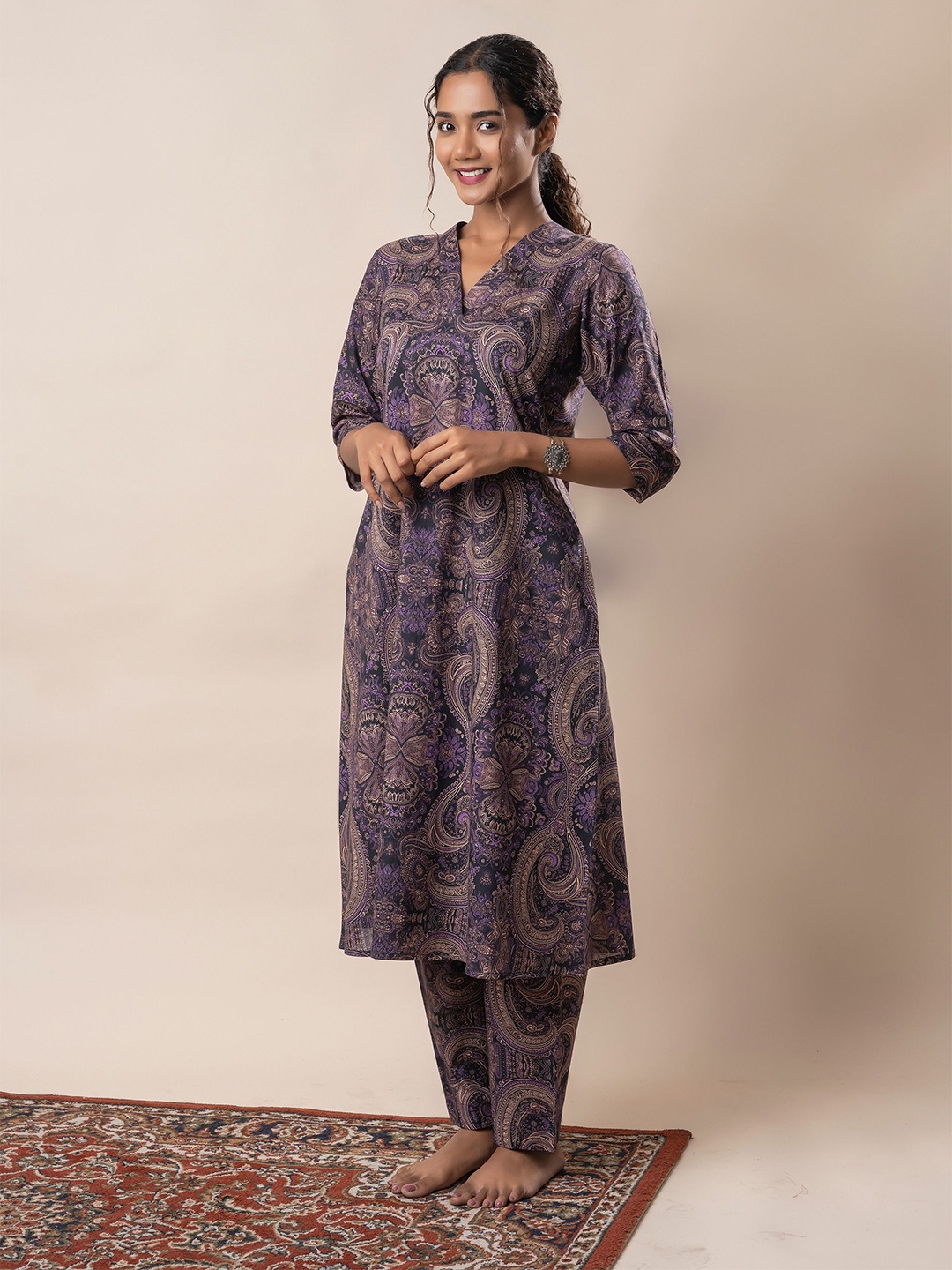 

GULABOSITABO Women Ethnic Motifs Printed Pure Cotton A-Line Kurta, Purple