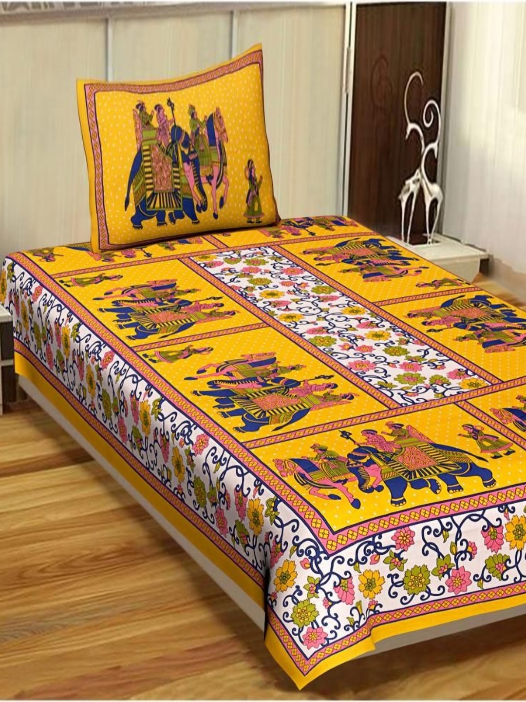 

UNIQCHOICE Yellow Ethnic Motifs Cotton 120 TC Single Bedsheet Set 2.25 m x 1.50 m